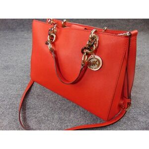 Michael Kors Cynthia Satchel Orange Solid Saffiano Leather Tortoise Chain Link